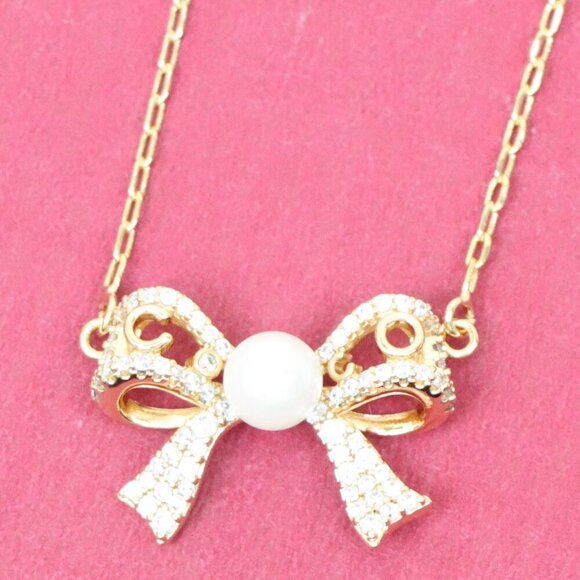 Rose Gold Bow Pendant Necklace with Pearl and Crystals , XPNL0171 - Picture 1 of 13